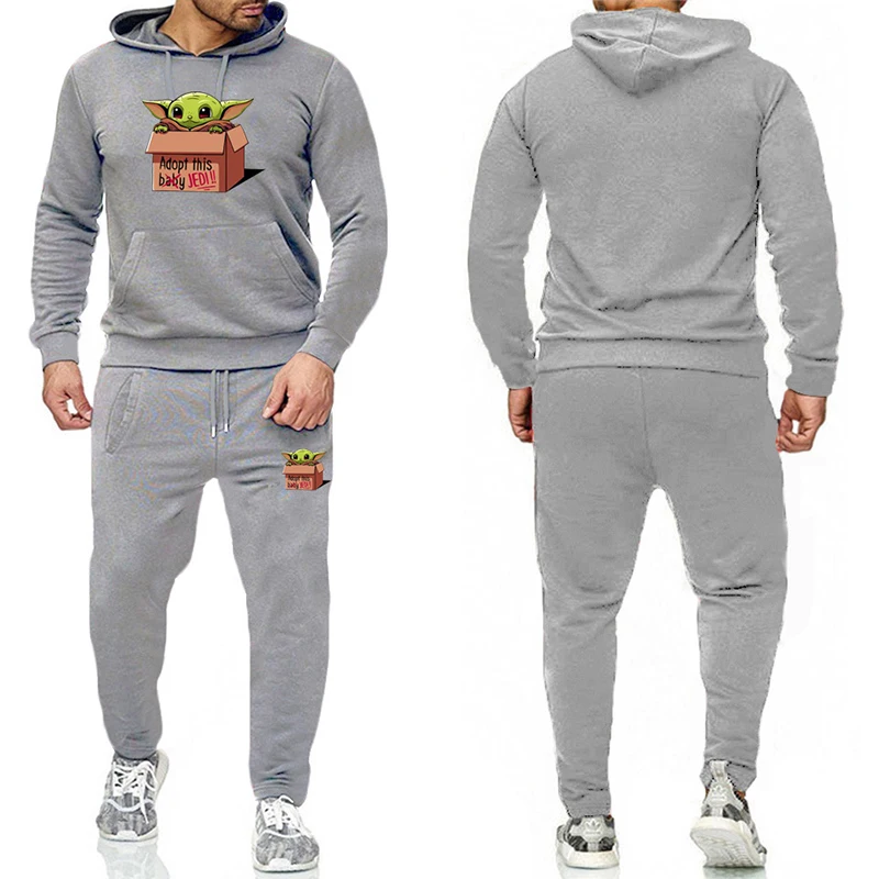 Popular Olevo Mens Clothing 2 Piece Set Star War Yoda Print Tracksuit Stripe Hip Hop Sweatsuit Sweatpants Men Jogger Hoodies Sports Suit