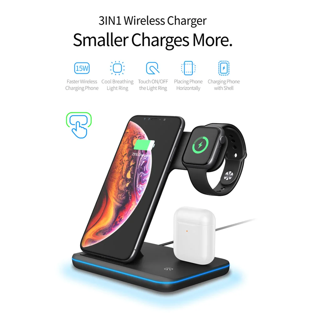 15 Вт Зарядное устройство подставка для iPhone 11 Pro XS XR X 8 Airpods Apple Horloge 5 4 3 2 qi Snel Opladen 3 в 1 для samsung S10 S9