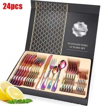 

24PCS Rose Gold Tableware Set Fork Spoon Knife Kitchen Cutlery Set 304 Stainless Steel Dinnerware Dinner Set Holiday Gift Box