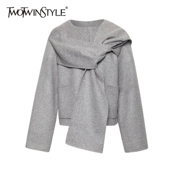 

TWOTWINSTYLE Bandage Tweed Shirt Coat For Women O Neck Long Sleeve Cross Casual Gray Jacket Female 2020 Fall Fashion New Style