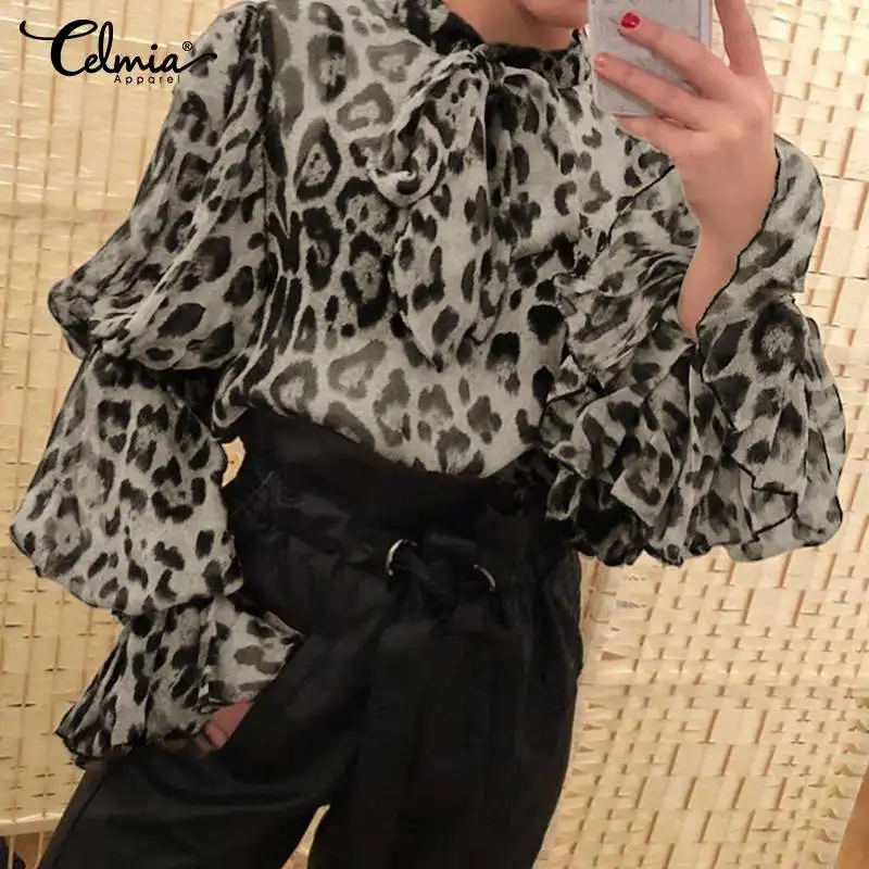 

Elegant Bow Tie Neck Women See through Tops Celmia 2020 Fashion Leopard Summer Blouses Flare Sleeve Chiffon Shirts Plus Size 5XL