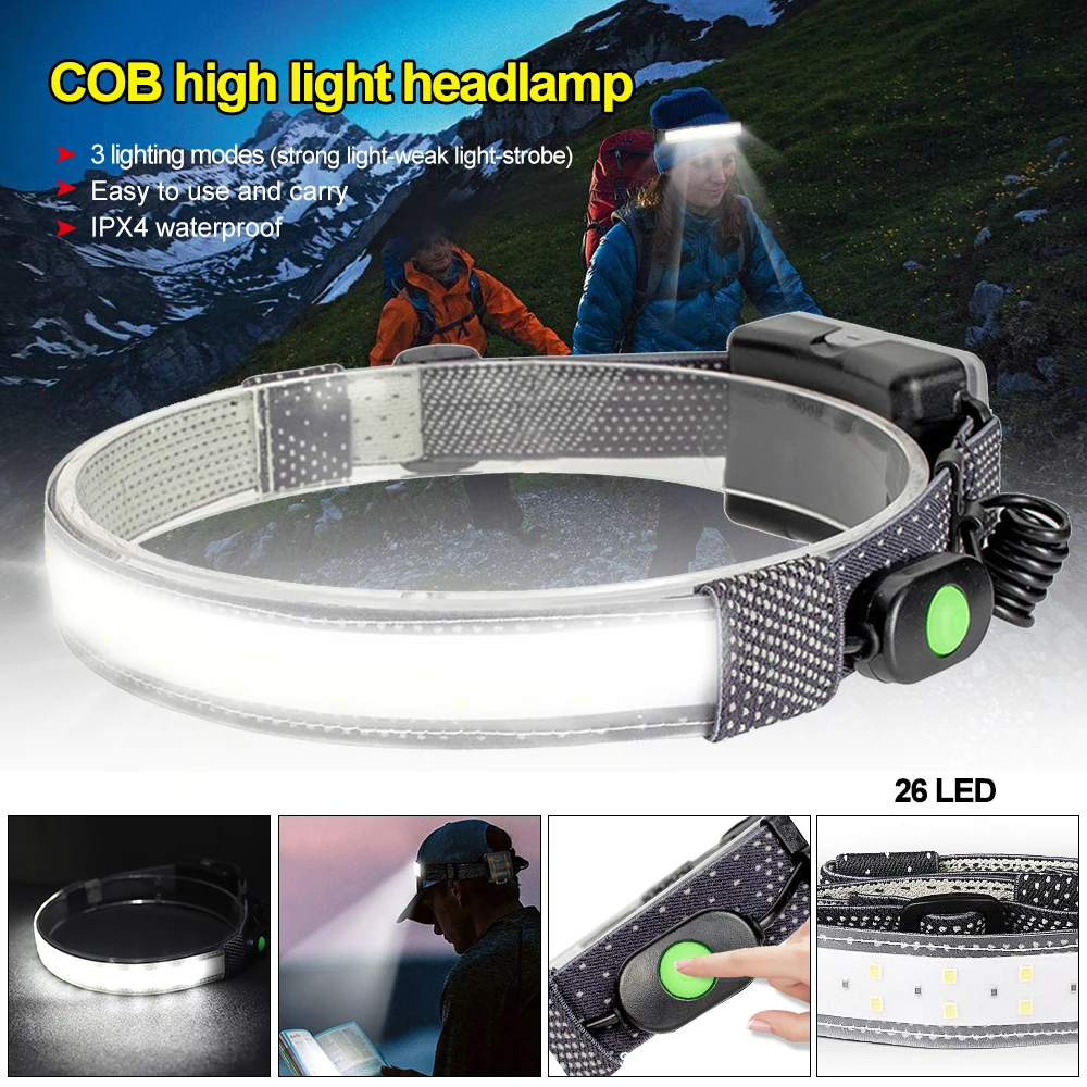 15W 1000LM COB 20 Led Strip Headlamp Waterproof Head Flashlight 3AA White 3 Mode Warning Strobe Lighting Camping Working Lantern | Лампы и