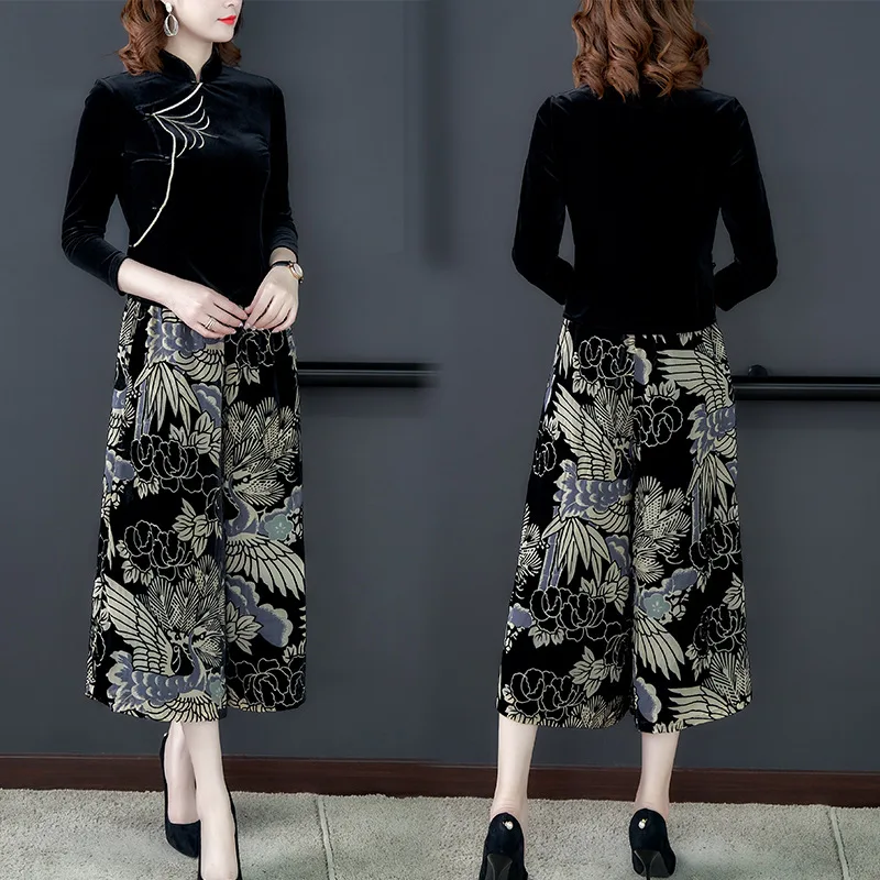 

2019 New Style Kuotaitai WOMEN'S Two-piece Suit Tops Retro National Wind Gold Velvet Loose Pants Set Women's Long-Sleeve