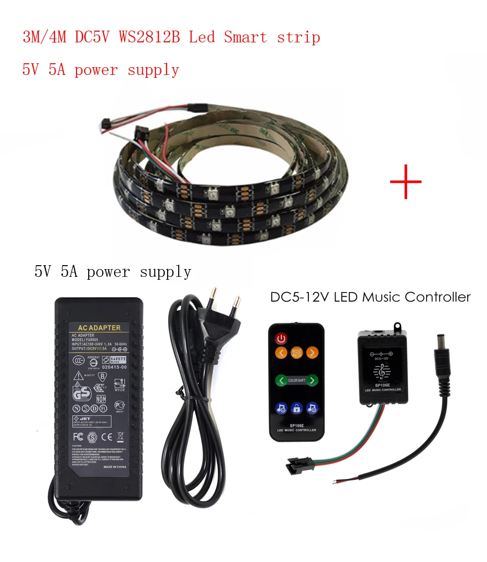 

3/4m DC5V WS2812B Led Strip 30 pixels/leds/m WS2812 IC Smart 5050 RGB led Strip light+5V LED Power Supply + LED Controller