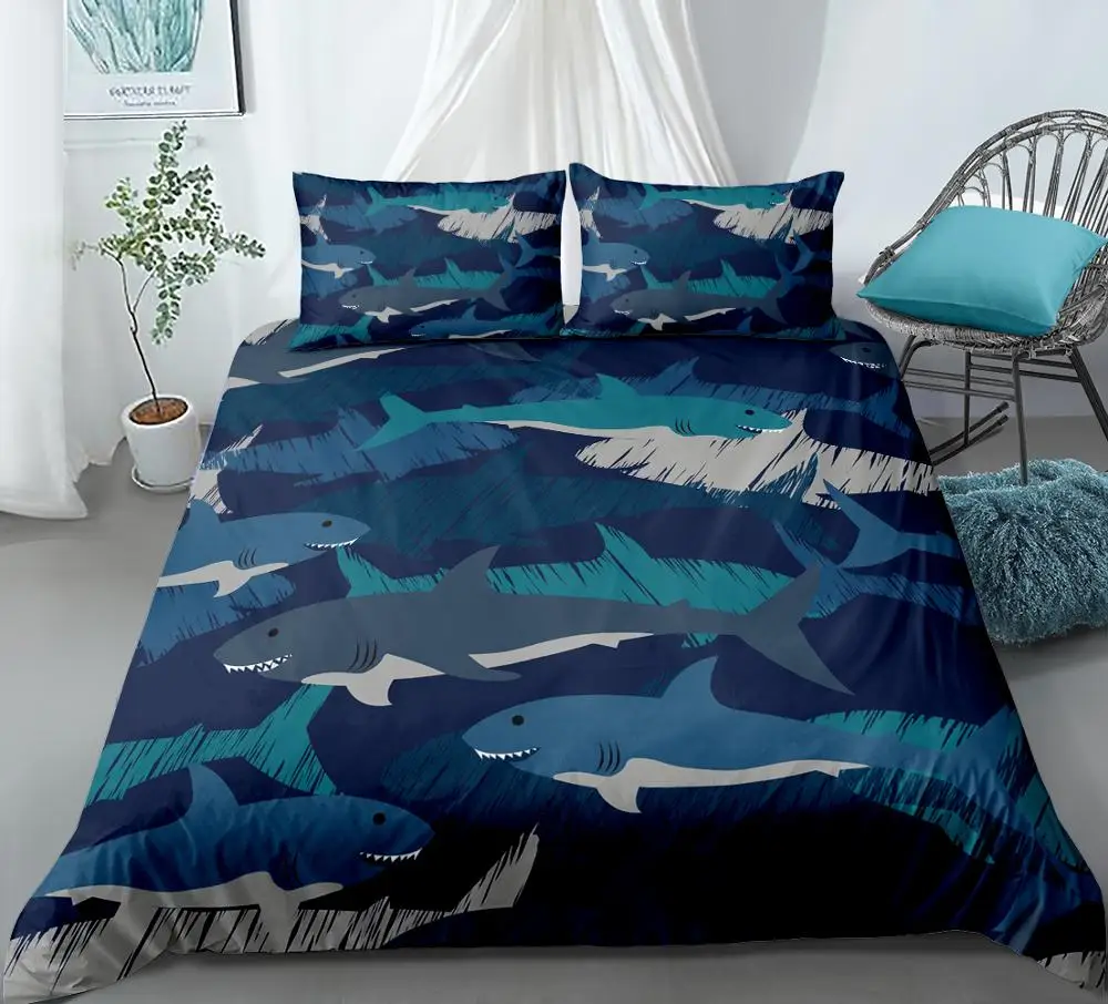 

Cartoon Blue Shark Bedding Set Duvet Cover 3-Piece Bedspreads Ocean Animals Bed Cover Set Blue Shark Pattern Home Textiles