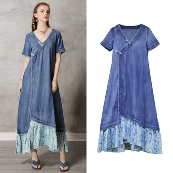 

2020 Summer Vintage Long Dress Women's Loose Cheongsam Buckle Retro Plus Size Short Sleeve Denim Dress