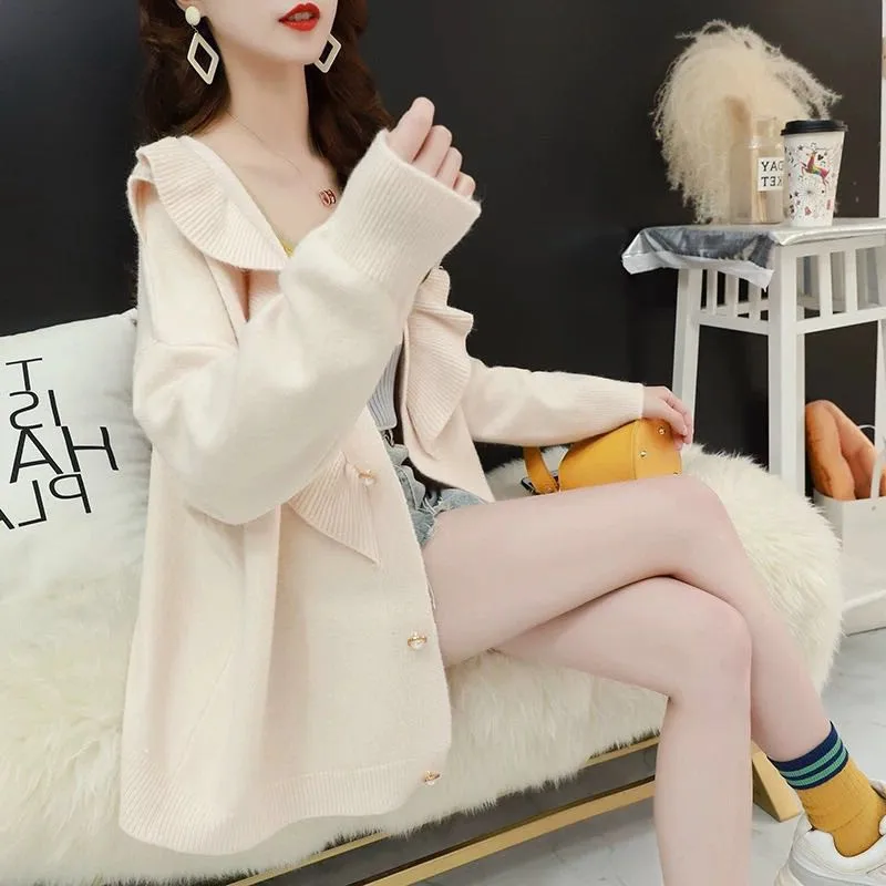 Autumn New Ruffles Decoration Solid Color Sweater Fashion Sweet V-neck Long-sleeved Women Knit Cardigan New