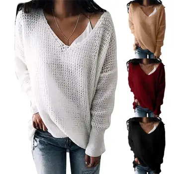

Newest Women Autumn V Neck Long Sleeve Hollow out Pullover Blouse Knitted Sweater Top
