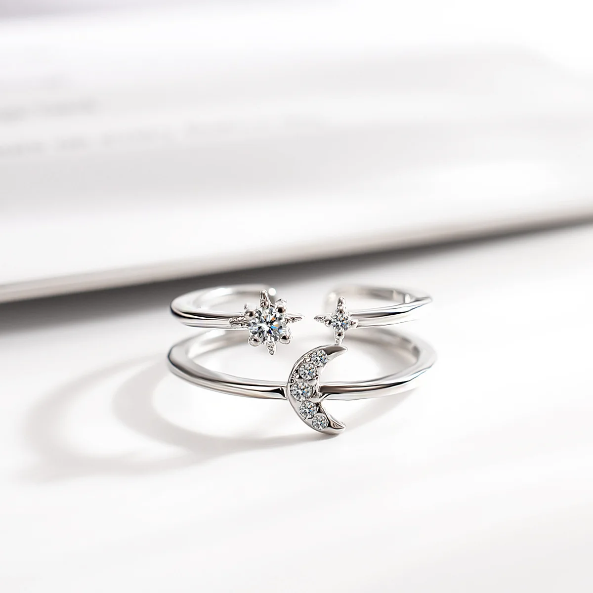 Silver Plated Design Moon Double Deck Ring Fashion Lady AAA Cubic Zirconia Star Open Simple Luxury Girl Valentine Day Gift | Украшения и