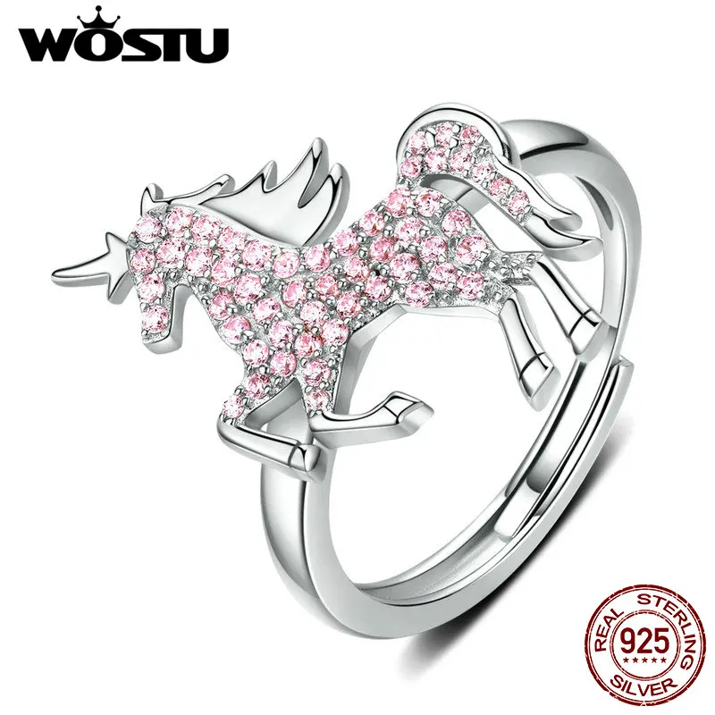 WOSTU классические подлинные 925 пробы серебряные милые розовые кольца с единорогами Горячая Мода новые CZ Регулируемые кольца FIR557