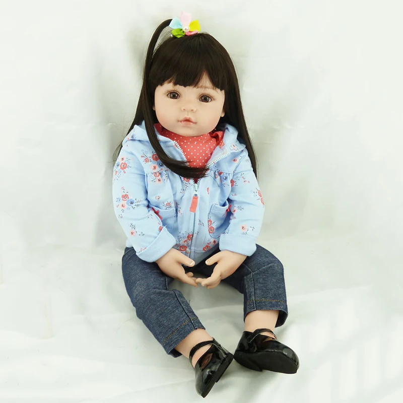 58 см Reborn Baby Doll игрушка мягкая силиконовая Повседневная ткань тело черные длинные волосы Реалистичная Детская кукла Малыш Дети сон сопутствующая игрушка