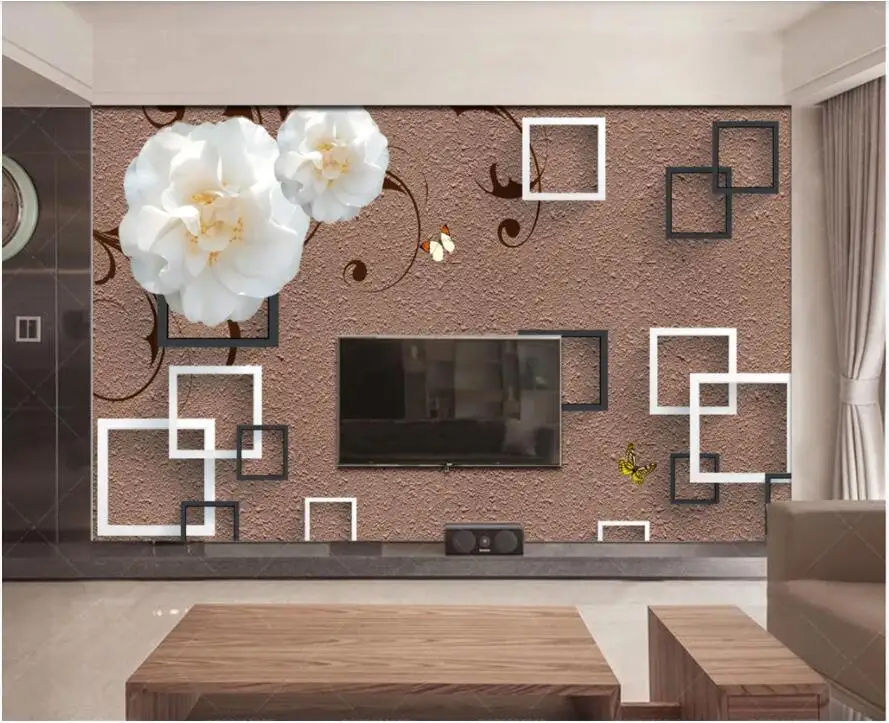 

Custom photo 3d wallpaper White camellia butterfly on brown background decor living room 3d wall murals wallpaper for walls 3 d