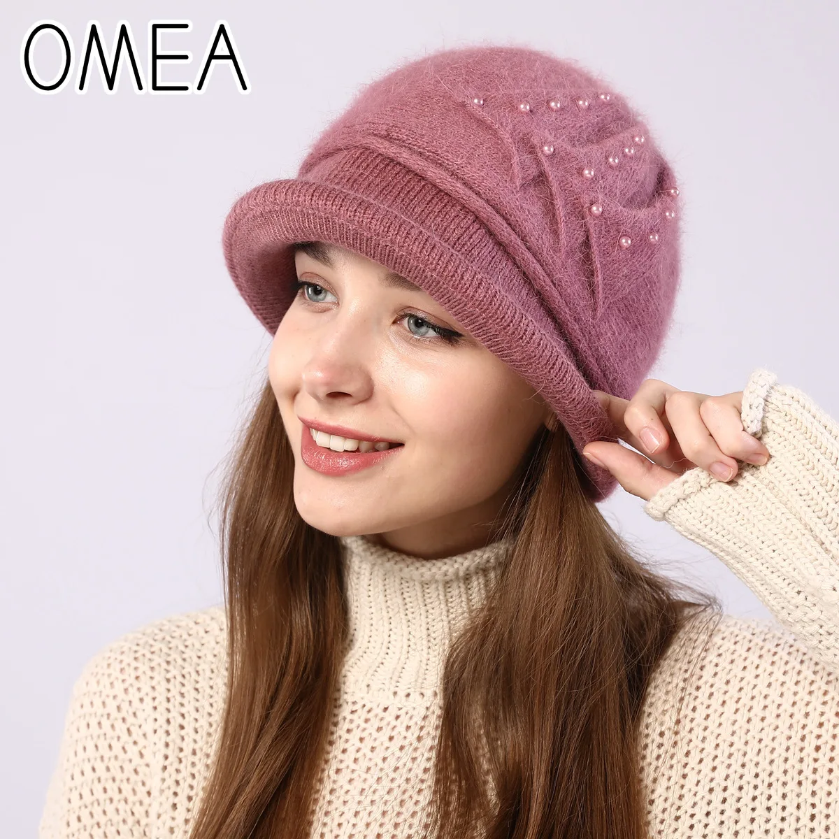 OMEA, зимняя фетровая шляпа, женская панама, шапка из ангорской кроличьей шерсти, с манжетами, вязаная теплая фетровая шляпа с жемчугом, черная шапка, церковная шапка из шерсти