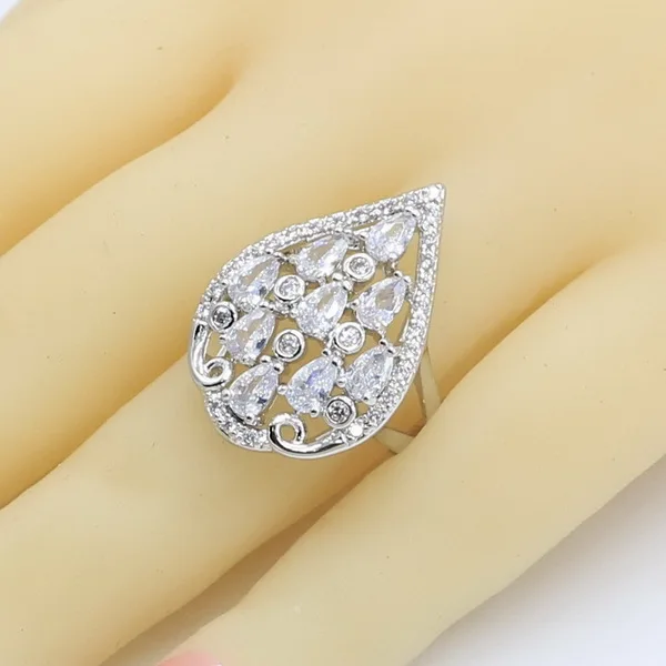 Белый Циркон 925 серебряные ювелирные наборы для женщин свадебный браслет серьги ожерелье кулон подарочные коробки для колец - Окраска металла: Ring