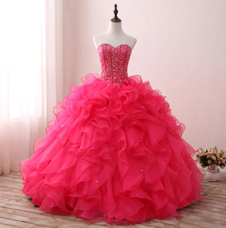 Розовое Бальное платье большого размера, бальное платье из органзы с аппликацией, бальное платье с открытой спиной, милое платье 16, Vestidos De Quinceanera - Цвет: hot pink