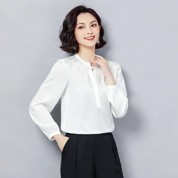 

Women's solid color long sleeve round neck button chiffon shirt red