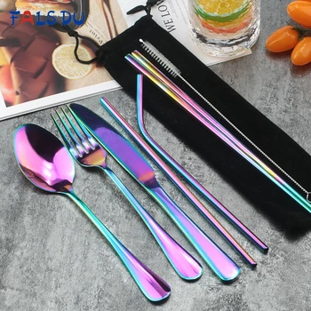 

Portable Stainless Steel Dinnerware Set Spoon Fork Chopsticks Straw With Cloth Pack Cutlery For Travel Camping Cutlery Set