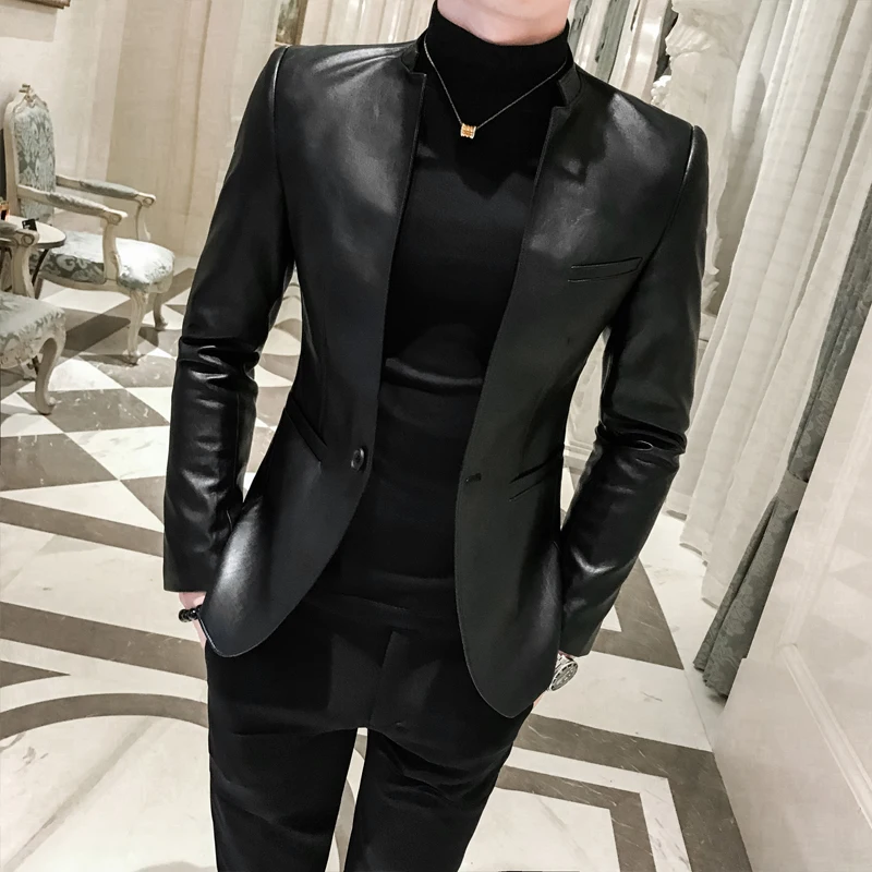 

Solid Black Slim Fit Blazer Hombre PU Leather Jacket Men One Button Business Casual Prom Blazers For Men Korean Suit Coat