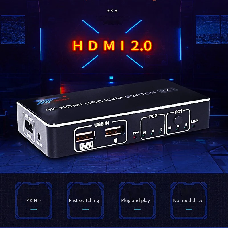 USB HDMI 4K KVM Switch Control 2 Into 1Out Of the Shared Mouse and Keyboard Display KVM Switch Monitors-EU Plug