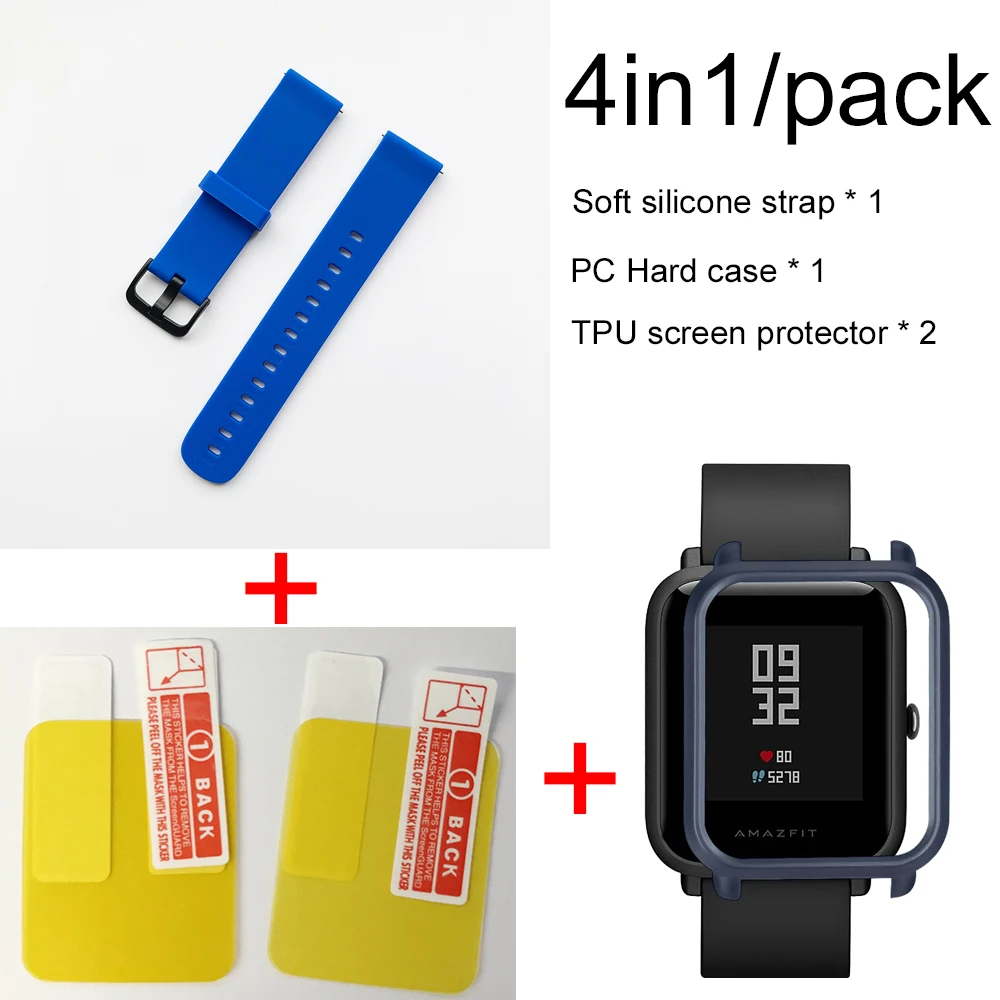 Blue-navy blue case 4в1 мягкий силиконовый спортивный ремешок для Xiaomi Huami Amazfit Bip Смарт-часы цветной браслет с PC чехол Защитная крышка экрана - Цвет: Blue-navy blue case
