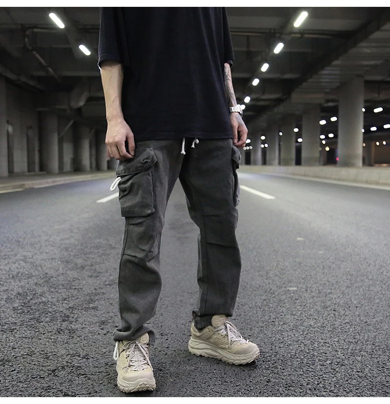 Брюки карго с боковым карманом Мужские Модные Ретро Промытые эластичные талии прямые штаны для уличного бега хип-хоп свободные брюки с