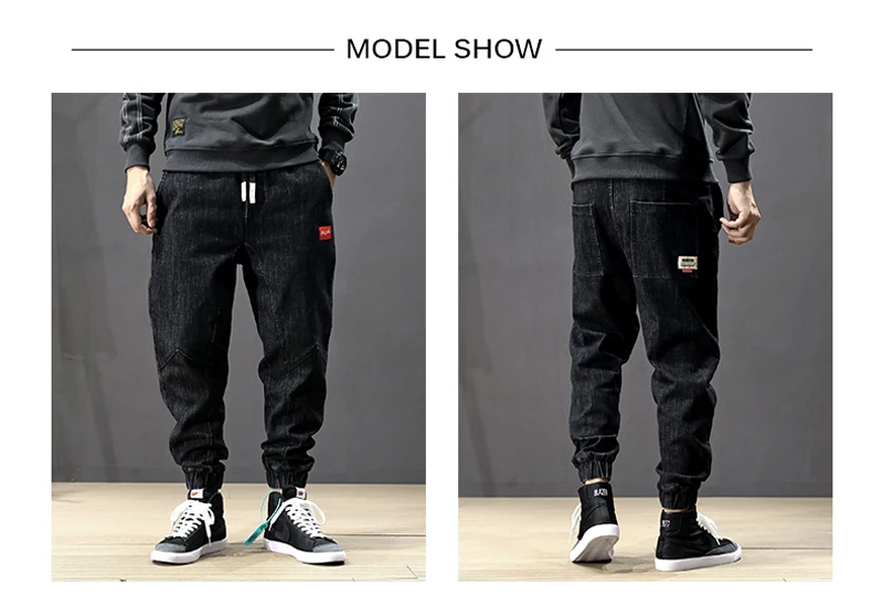 Fashion Streetwear Men Jeans Loose Fit Slack Bottom Black Cargo Pants Harem Trousers Elastic Waist Hip Hop Jeans Men Joggers