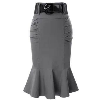 

Belle Poque Women Skirts Retro Belt Decorated Mermaid Hem Hips-wrapped Skirts Elegant Solid Knee Fit Bodycon Pencil Skirt Work