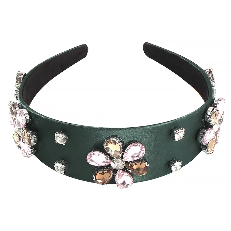 green headband Роскошные Стразы Дворцовая повязка на голову женская широкая повязка с цветком кристалл барокко обруч для волос девушка корона аксессуары для волос горячий головной убор - Окраска металла: green headband