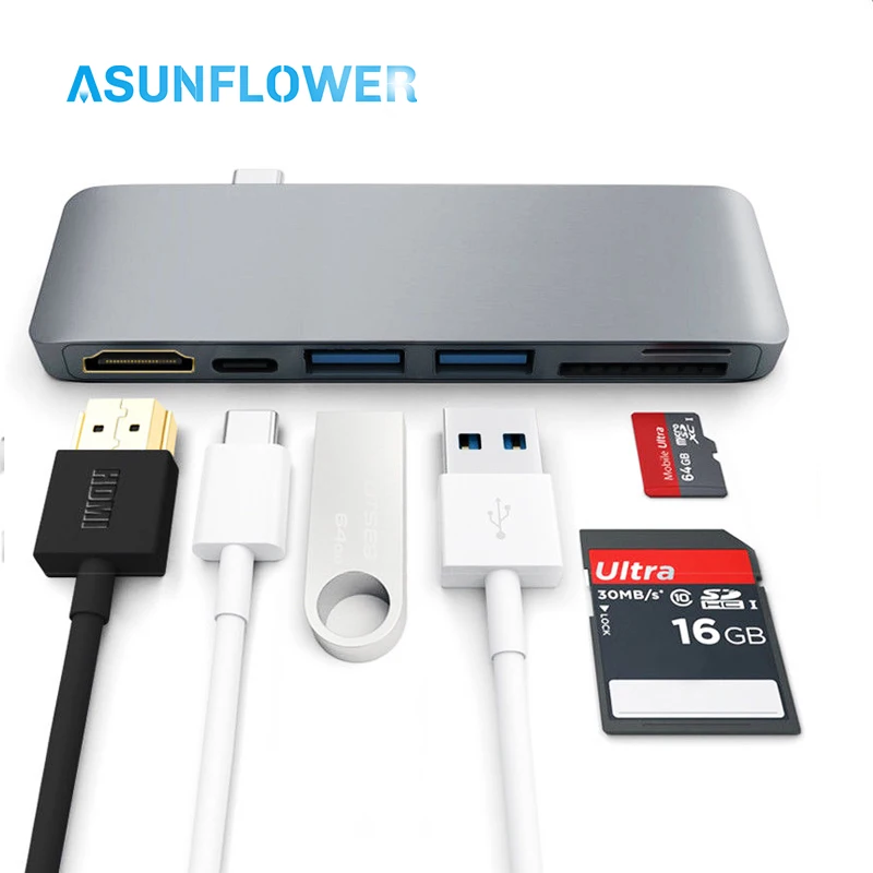 

Asunflower USB C Dock Type C Converter 4K HDMI USB 3.0 PD Charging TF SD Card Reader 5 IN 1 6 Port Hab USB C HUB Docking Station