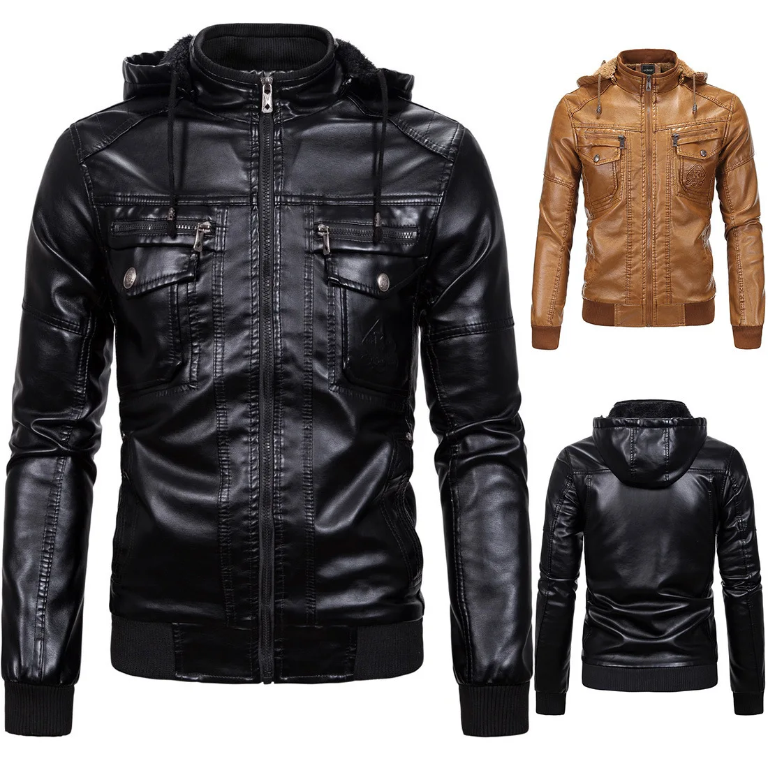

2019 Winter MEN'S Leather Coat plus Velvet Warm Leather Coat Faux Sheep Skin Hooded Leather Coat