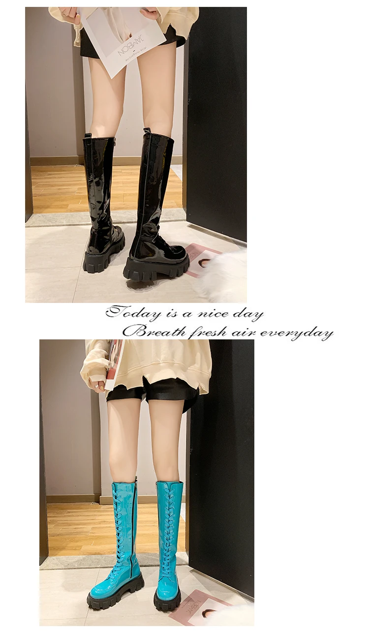 Модные пикантные сапоги до колена из лакированной кожи; сезон осень-зима; женские сапоги; высокие сапоги на танкетке со шнуровкой; цветные сапоги на среднем каблуке