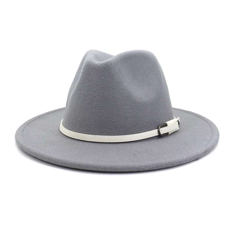 Light Gray fedora FS женский и мужской шерстяной джазовый головной убор для осени и зимы, теплые фетровые шляпы в европейском и американском стиле, круглые шапки-Котелки с белым поясом, 17 цветов - Цвет: Light Gray fedora