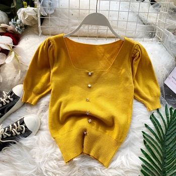 

YOCALOR Short Sleeve Solid T Shirt 2020 Summer New Single Breated Sweet Chic Tee Square Collar Knitted Elegant Tops