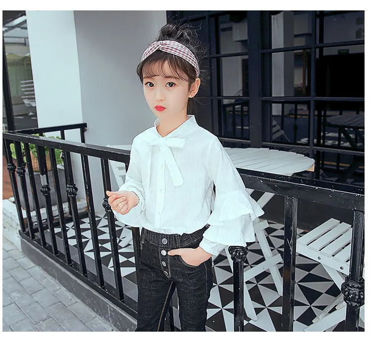 Коллекция года, осенняя одежда для девочек Корейский стиль, стиль, средний и большой размер, модная рубашка с длинными рукавами и оборками для девочек