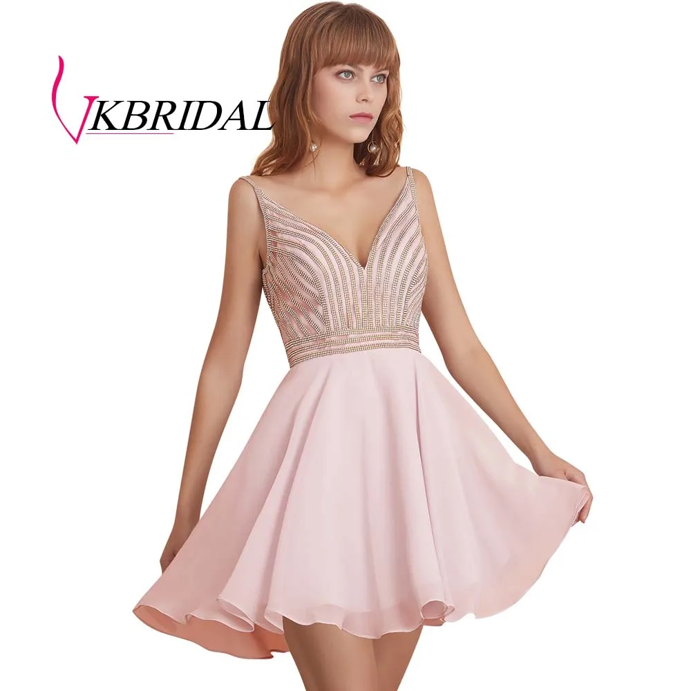 VKBRIDAL сексуальное короткое платье с v-образным вырезом для выпускного вечера Новое шифоновое бисерное милое платье с v-образным вырезом сзади - Цвет: Розовый