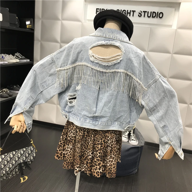 

Rhinestone fringed hole denim jacket female 2019 autumn retro washed loose pocket jacket