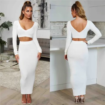 

Women Autumn Solid Long Sleeve Crop Tops and Midi Skirts Sets Women Fashion Autumn Casual Sets