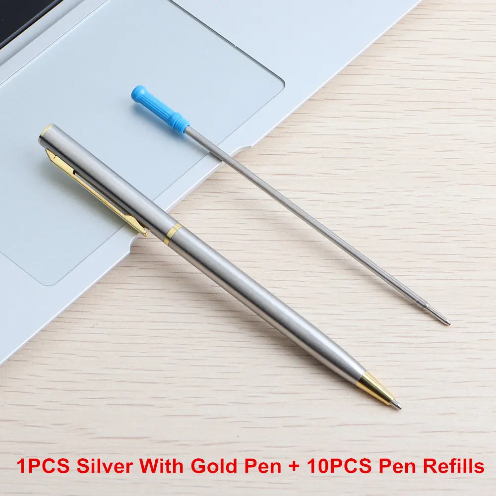 1Set Silver gold 1 шт. GENKKY, Новое поступление, металлические шариковые ручки с сердечником, вращающиеся металлические старые масляные ручки 0,7 мм, синие Черные чернила для офиса и школы - Цвет: 1Set Silver gold