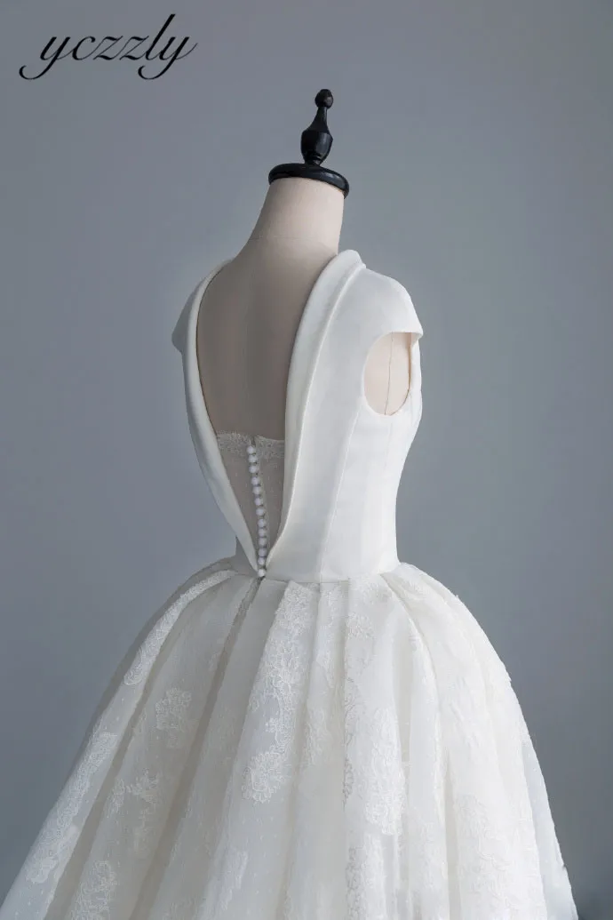 Винтажное платье с высоким горлом, атласное свадебное платье с колпачковые втулки без спинки Длинные Кружевные накладные орнаменты свадебное платье большого размера Robe De Mariee W42