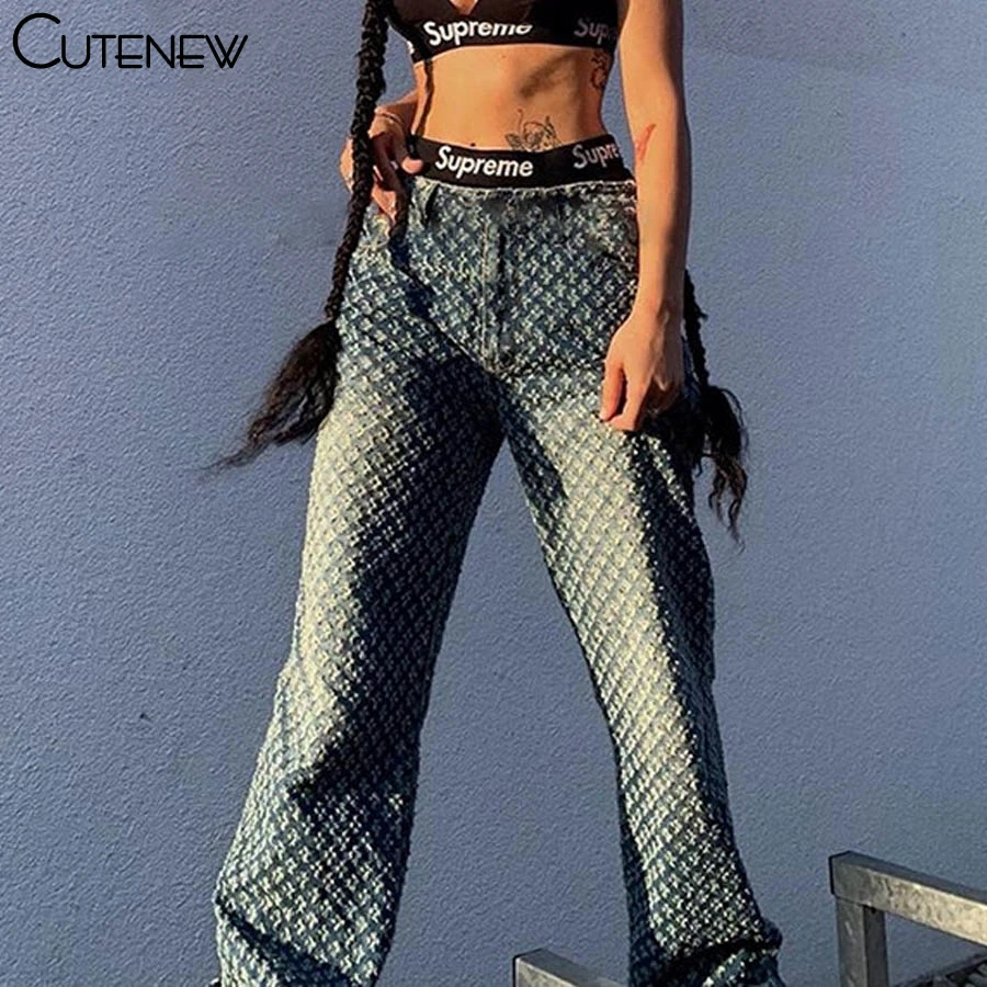 Cutenew Y2K-pantalones vaqueros holgados estilo Hip Hop para mujer, vaqueros de cintura alta con bolsillo, pierna recta