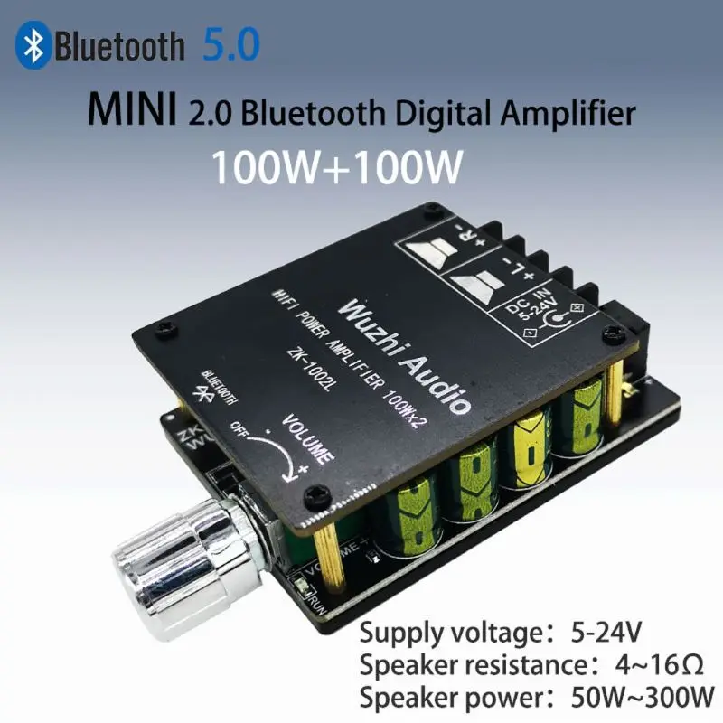 

Mini ZK-1002L 5.0 Bluetooth Digital Amplifier Board Dual 100W Double Channels Stereo Wireless Audio Power Amp DC 12V 24V