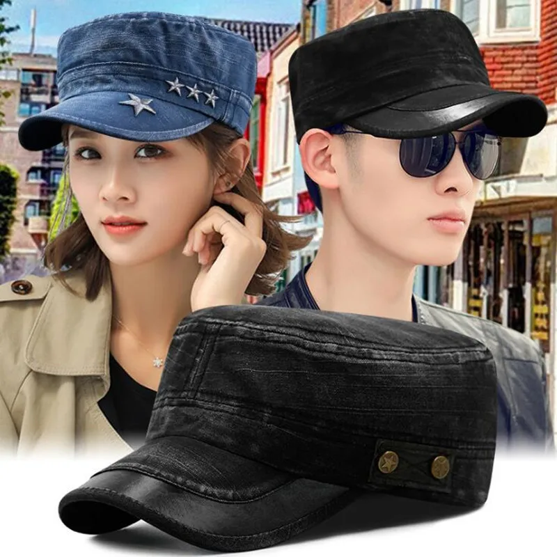 Flat Caps For Men Washed Denim Embroidery Military Hats Tongue Cap Adjustable Size Men's Brand Sports Cap Camping Fishing Hat