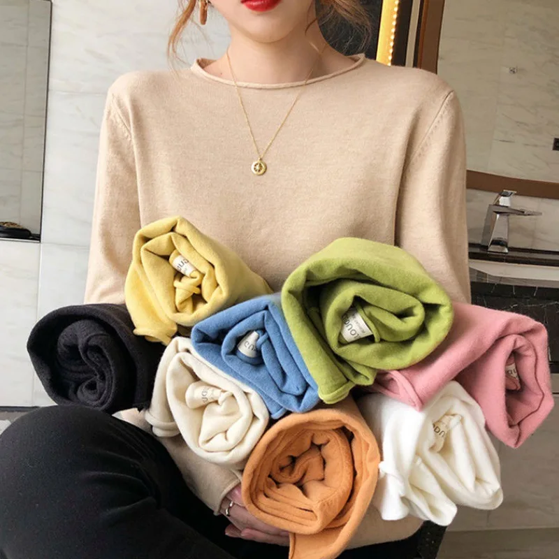 

Tops For 2020 Women Pullover Sweatshirt Basics Clothes Girl New Solid-Color Large Round Collar Crimped Knit Versatile MXY014