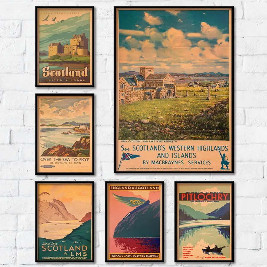 Шотландские природные пейзажи город путешествия плакат ручная роспись
