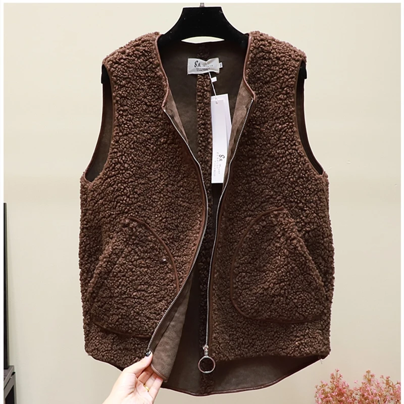 

Women Clothes 2020 Korean Fashion Zipper Plush Vest Sleeveless Short Outwear Jacket Coffee/Brown/Beige Solid Lounge Wear Womens