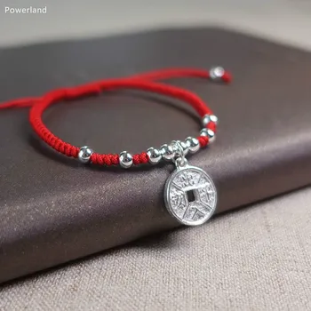 

Real Sterling Silver Coin Red Bracelet For Woman Fashion Friendship Gift Charm 925 Lucky Bangles Handmade Jewelry