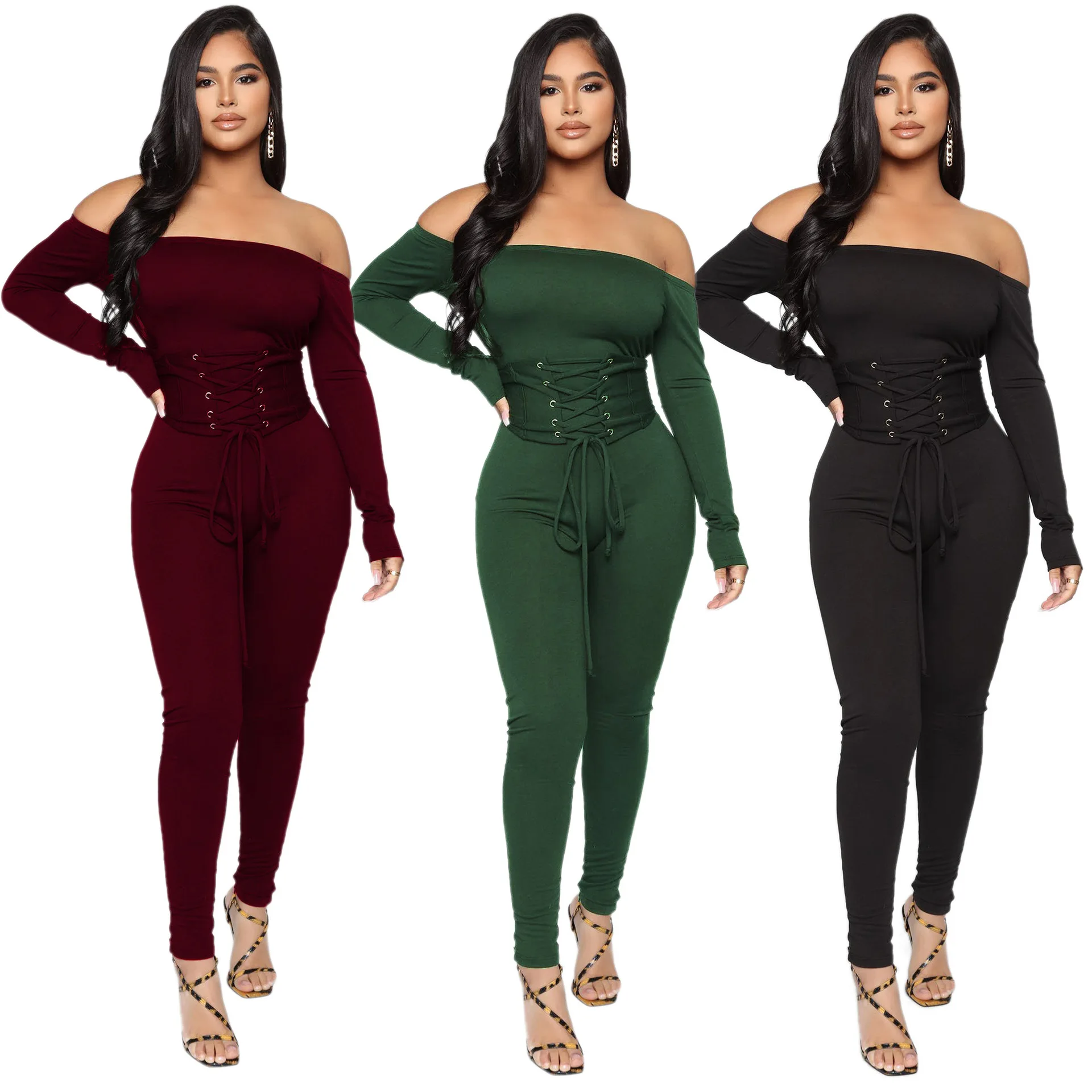 

JRRY Casual Women Jumpsuit Slash Neck Strings Loops Long Sleeve Bodysuit Off the Shoulder Skinny High Street Outdoor Wear