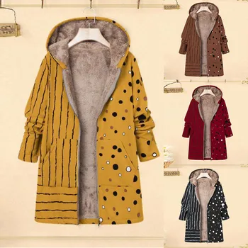 

Plus Size Women Coat Winter Warm Printed Pockets Thicker Zipper Hooded Coat Outwear Long Sleeve Hooded Thick Plus Velvet Outwear