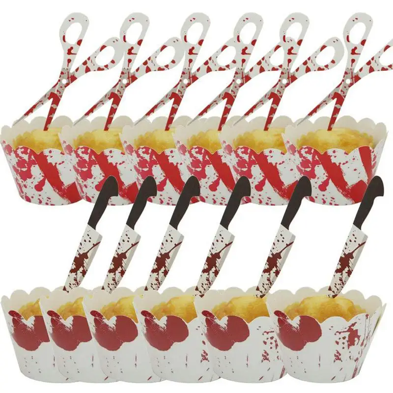 48Pcs Baking Blood Handprints Paper Cake Wrappers Safe Sharp Tool Shaped Fun Cake Toppers for Home Bakery Dessert House