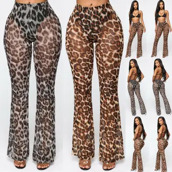 

Womens Leopard Pants Sexy Beach Mesh Sheer Bikini Cover Up Swimwear Ruffle Pants Trousers